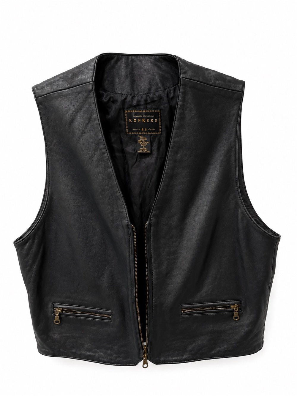 Vintage Y2k Express Black Leather Zip Vest with Front Zipper Pockets